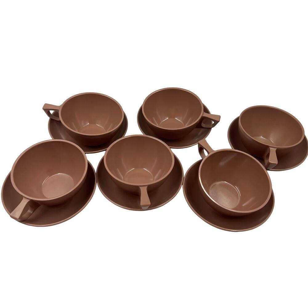 VTG Chicago 54 Melmac Coffee Cups & Saucer Set 8 Pieces MCM Brown Cottage Core